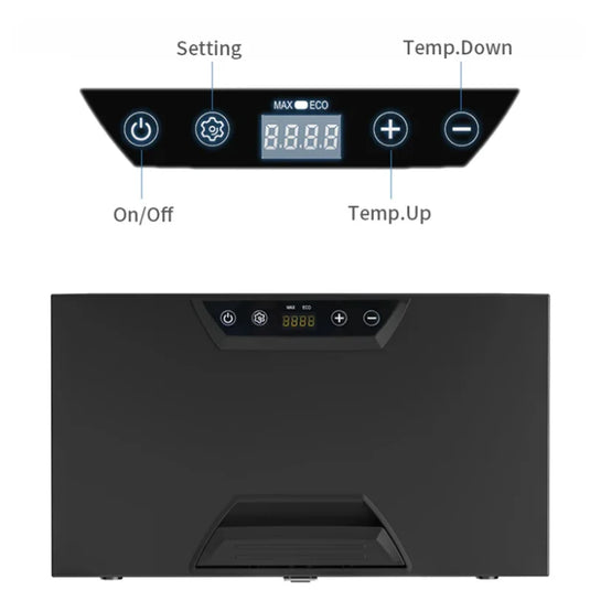 Black box with digital display and control buttons for Rockarmor 31 Litre Vehicle Draw Fridge