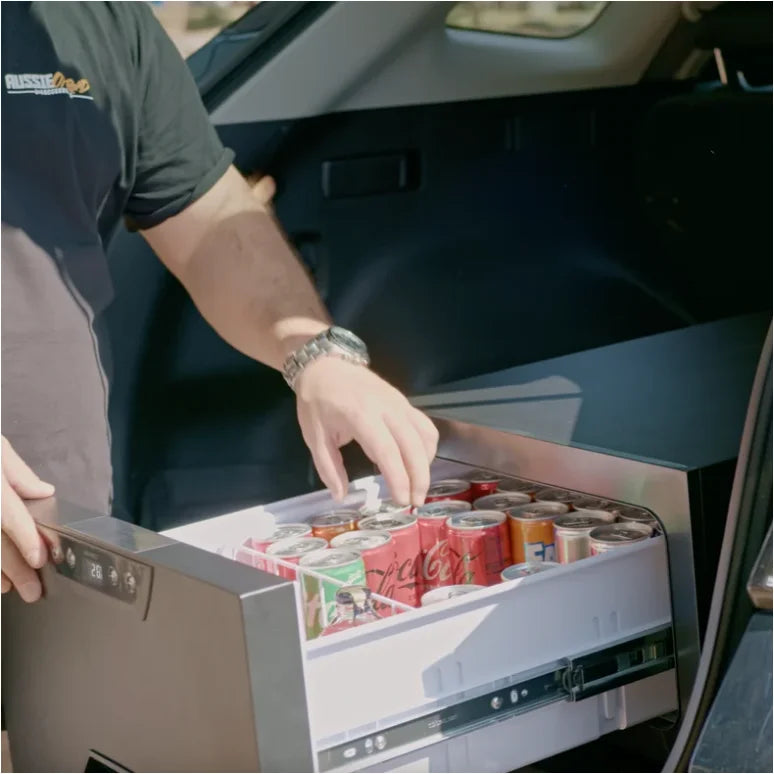 Load image into Gallery viewer, Rockarmor 31 Litre Vehicle Draw Fridge showcases a car trunk refrigerator drawer for outback travellers
