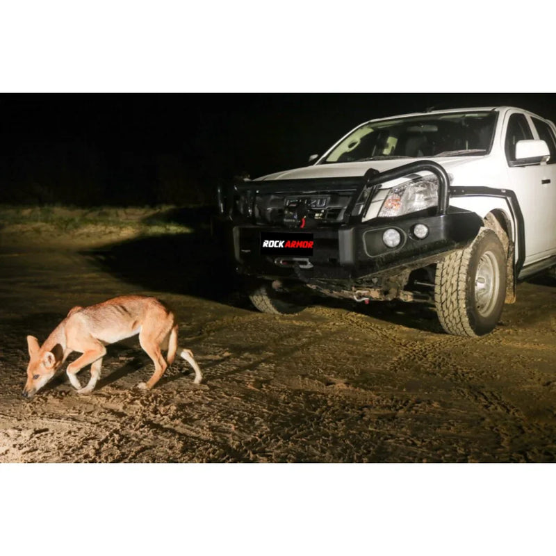 Load image into Gallery viewer, White Isuzu Dmax truck with Rockarmor Brushbar and black bull bar for enhanced protection
