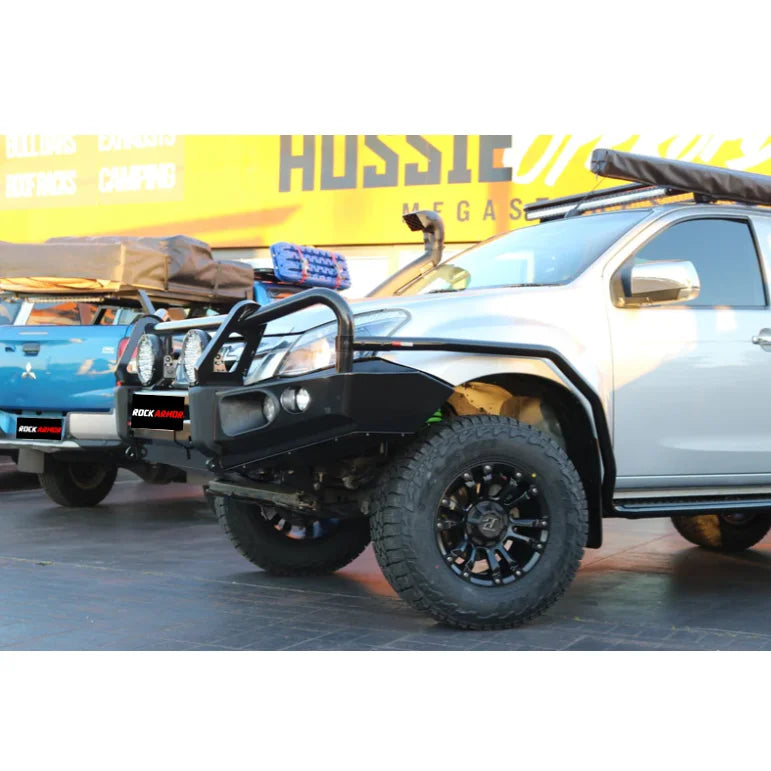 Load image into Gallery viewer, Off-road vehicles with aftermarket bumpers and tires featuring Rockarmor Brushbar for Isuzu Dmax

