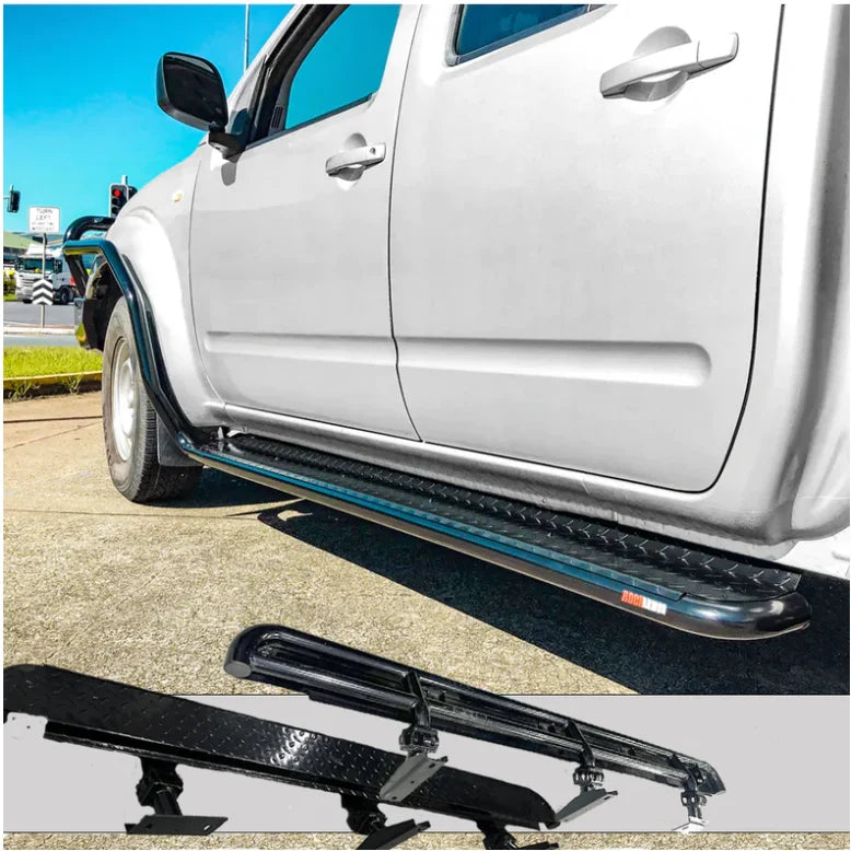 Load image into Gallery viewer, Silver pickup truck with black running boards featuring Rockarmor Brushbar for Nissan Navara
