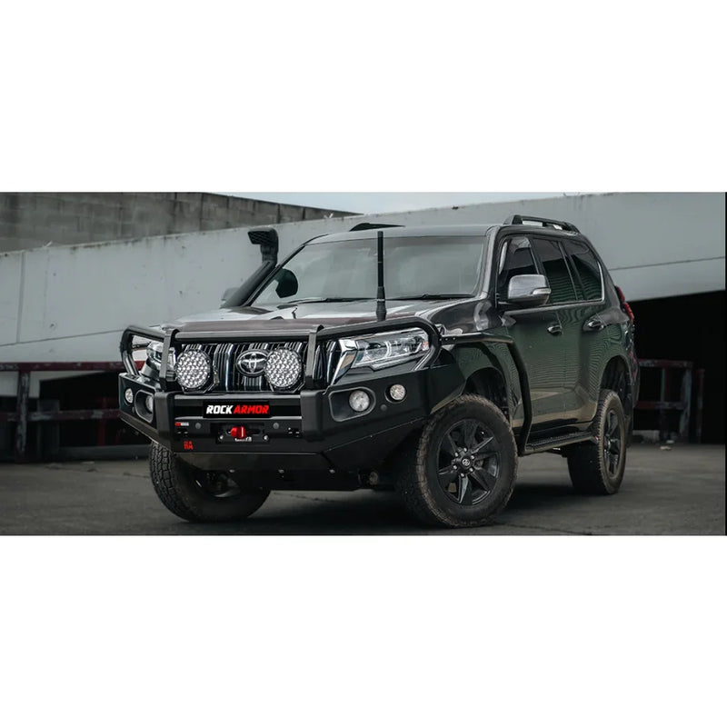 Load image into Gallery viewer, Black off-road SUV with Rockarmor Brushbar and Rockarmor Rockslider in premium steel
