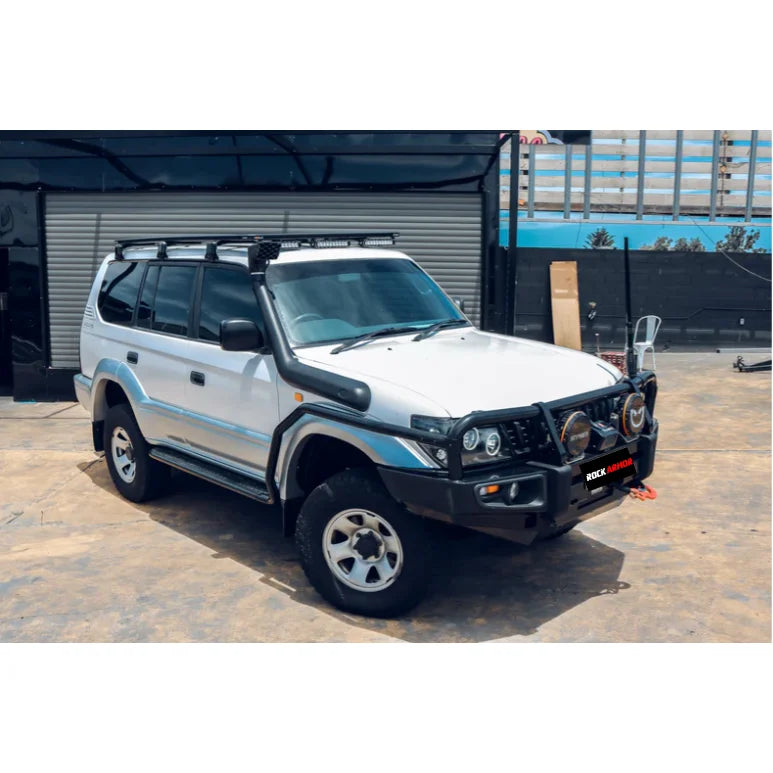 Load image into Gallery viewer, White off-road vehicle with roof rack and snorkel featuring Rockarmor Brushbar for Toyota Prado
