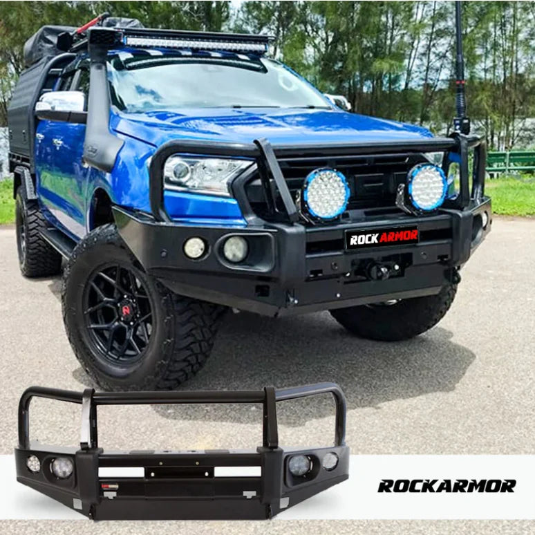 Load image into Gallery viewer, Blue off-road truck with elite bullbar and black synthetic winch rope on Ford Ranger
