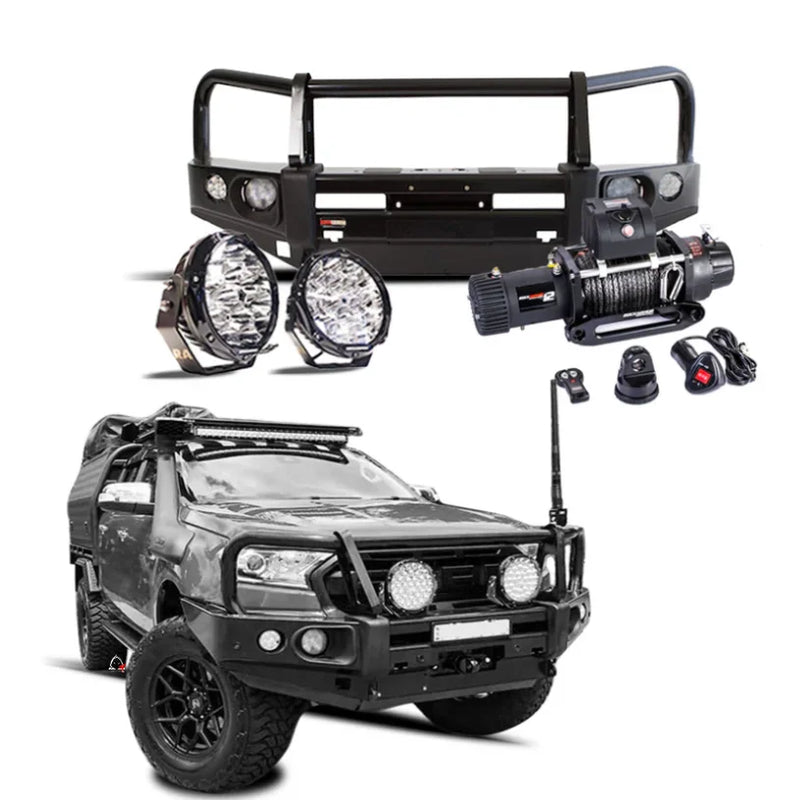 Load image into Gallery viewer, Off-road vehicle accessories featuring the Rockarmor Elite Bullbar and synthetic winch rope
