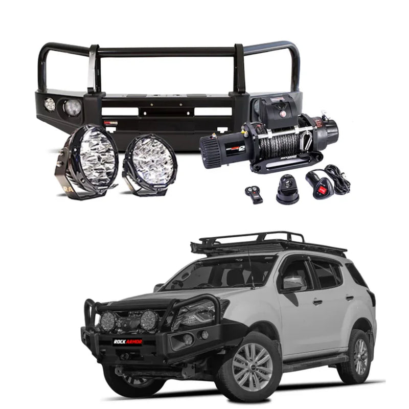 Load image into Gallery viewer, Off-road vehicle accessories featuring Rockarmor Elite Bullbar and synthetic winch rope for Isuzu Mu-X
