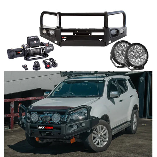 Automotive off-road accessories featuring Rockarmor Elite Bullbar with synthetic winch rope for Isuzu Mu-X