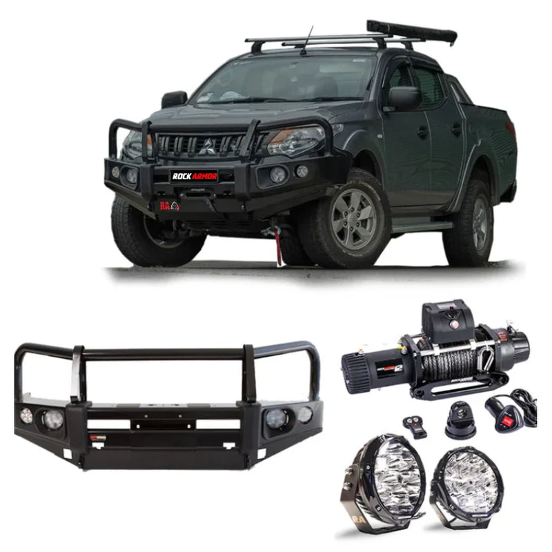 Load image into Gallery viewer, Off-road vehicle accessories featuring Rockarmor Elite Bullbar and synthetic winch rope for Mitsubishi Triton MQ
