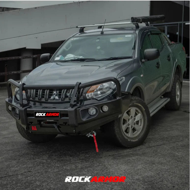 Load image into Gallery viewer, Gray Mitsubishi pickup truck with black elite bullbar and synthetic winch rope installed
