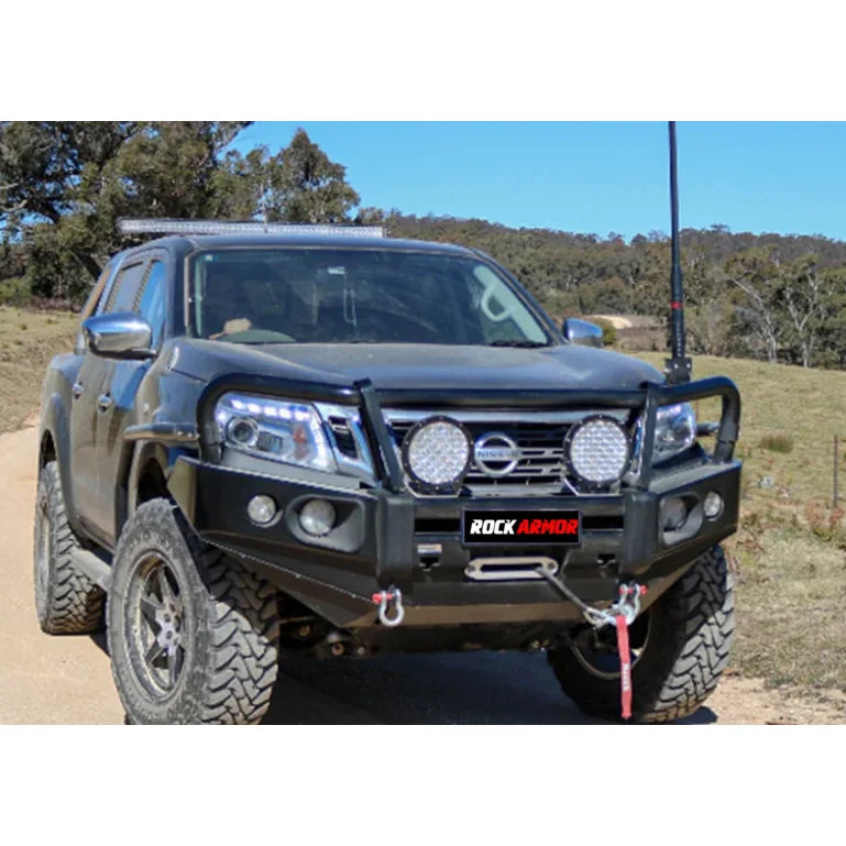 Load image into Gallery viewer, Black off-road pickup truck with Rockarmor Elite Bullbar and synthetic winch rope installation
