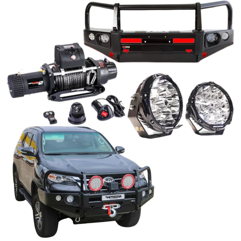 Load image into Gallery viewer, Off-road vehicle accessories featuring Rockarmor Elite Bullbar and synthetic winch rope for Toyota Fortuner
