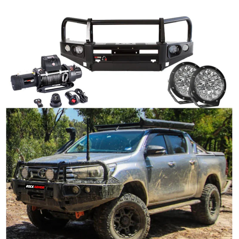 Load image into Gallery viewer, Off-road vehicle accessories featuring the Rockarmor Elite Bullbar Frontal Combo with cut required and synthetic winch rope for Toyota Hilux 2015-2020
