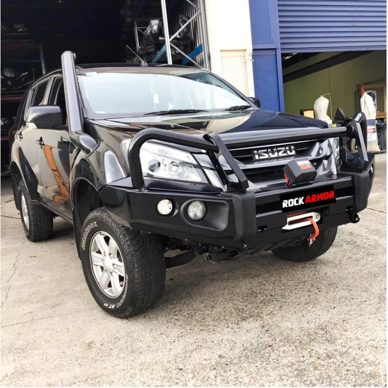 Load image into Gallery viewer, Black Isuzu SUV with Rockarmor Elite Hoop Bullbar and aftermarket bumper
