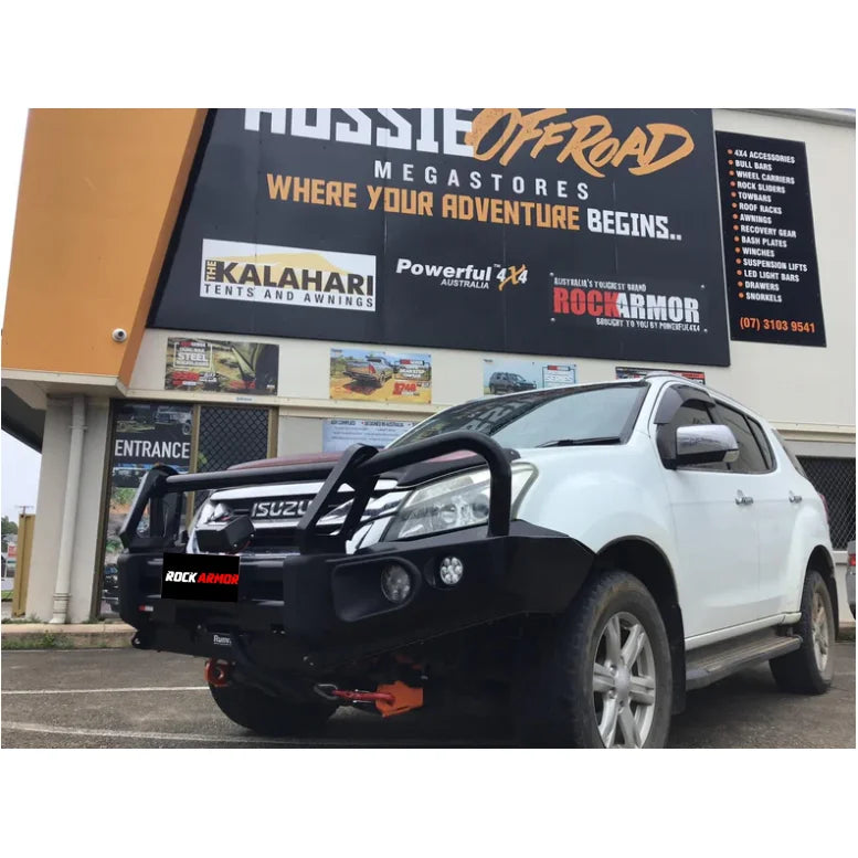 Load image into Gallery viewer, White Isuzu SUV with Black Rockarmor Elite Hoop Bullbar in the Rockarmor Elite Hoop Bullbar product display
