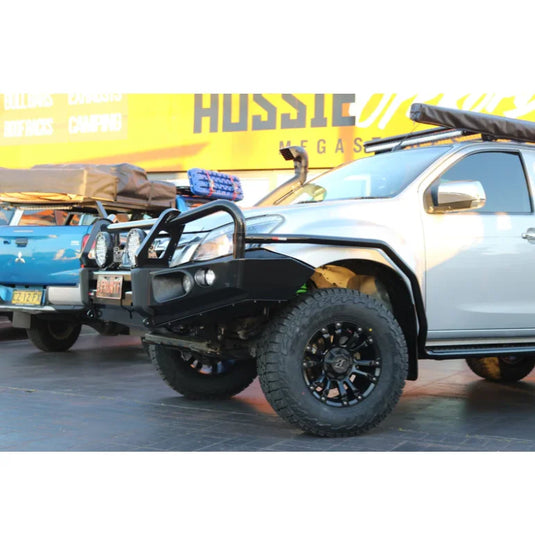 Silver off-road pickup truck equipped with Rockarmor Elite Hoop Bullbar for Isuzu Mux