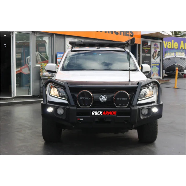 Load image into Gallery viewer, White pickup truck with black steel bullbar from the Rockarmor Elite Steel Bullbar range
