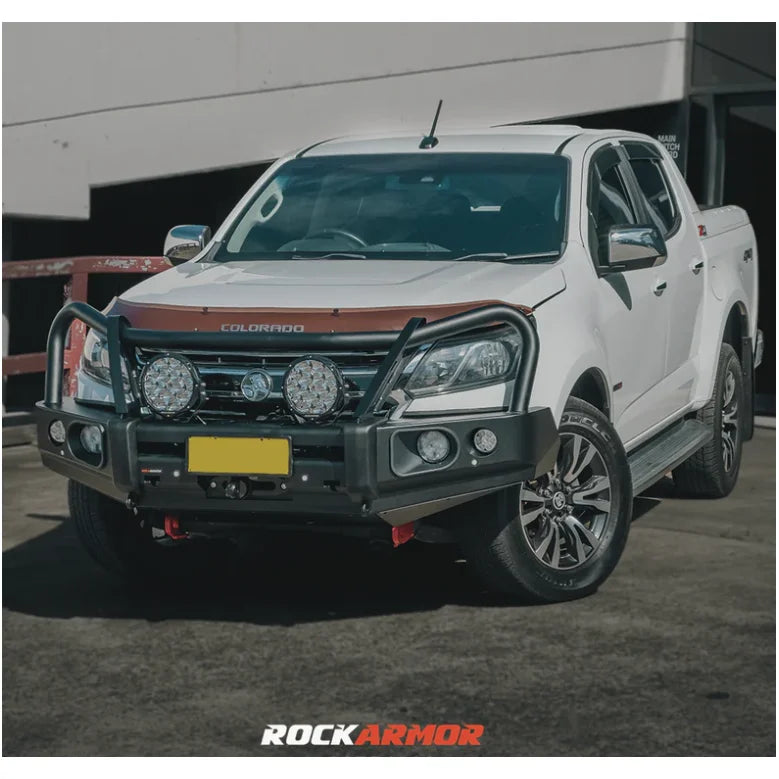 Load image into Gallery viewer, White Colorado pickup truck with elite steel bullbar and aftermarket bumper upgrade
