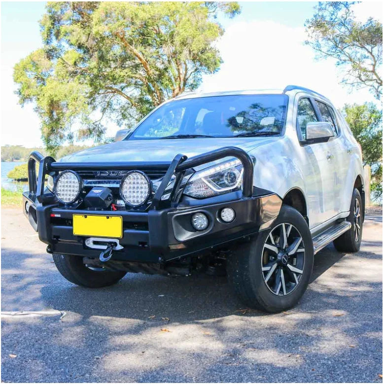 Load image into Gallery viewer, White SUV with black steel bullbar showcasing the Rockarmor Elite Steel Bullbar for Isuzu Mu-X
