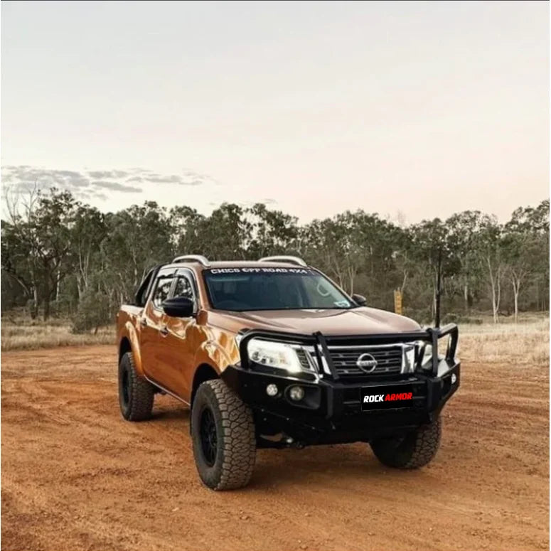 Load image into Gallery viewer, Silver Nissan Navara with black elite steel bullbar designed for NP300 D23 2015-2020
