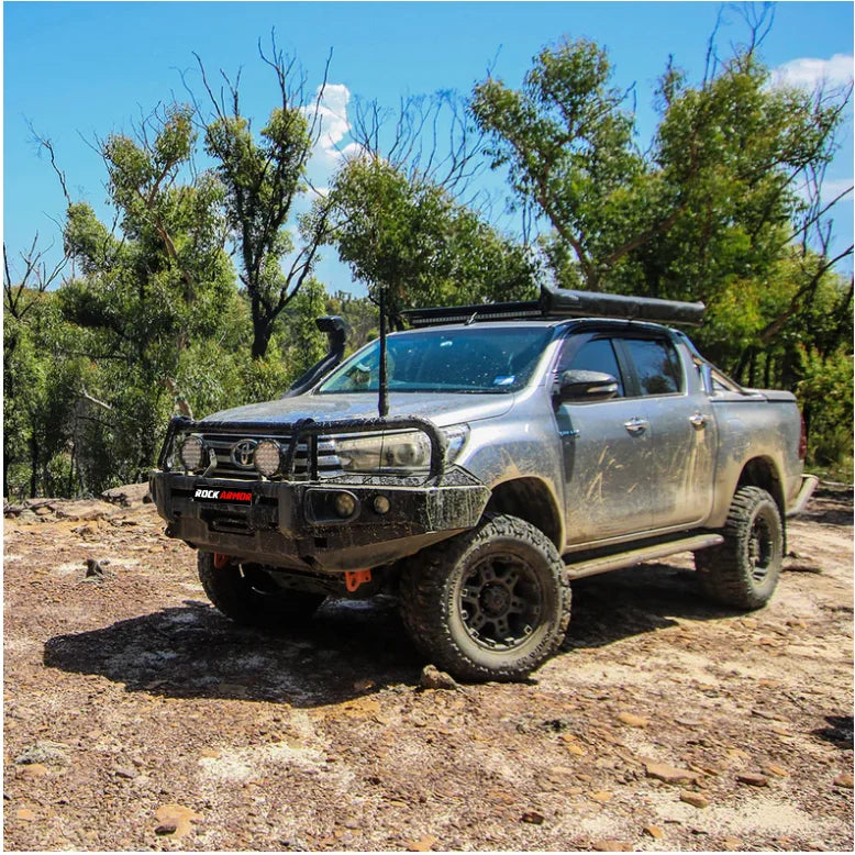 Load image into Gallery viewer, Silver off-road pickup truck with Rockarmor Elite Steel Bullbar and fog lights

