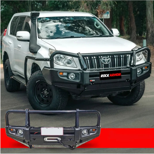 White SUV with black steel bullbar displaying Rockarmor Elite Steel Bullbar for Toyota Prado 150 2009-2013