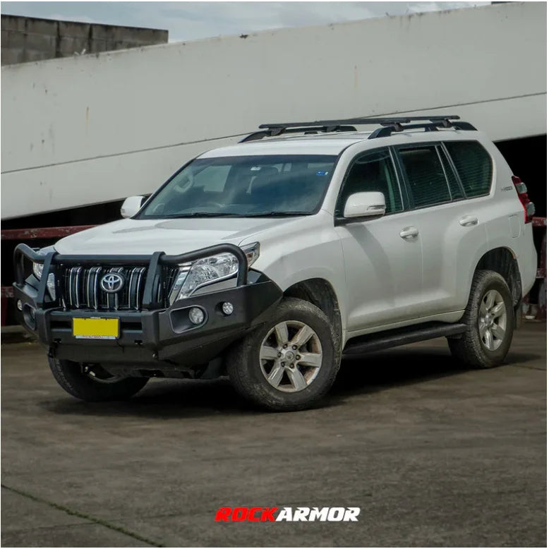 Load image into Gallery viewer, White SUV with black steel bullbar and roof rack featuring Rockarmor Elite Steel Bullbar for Toyota Prado 150
