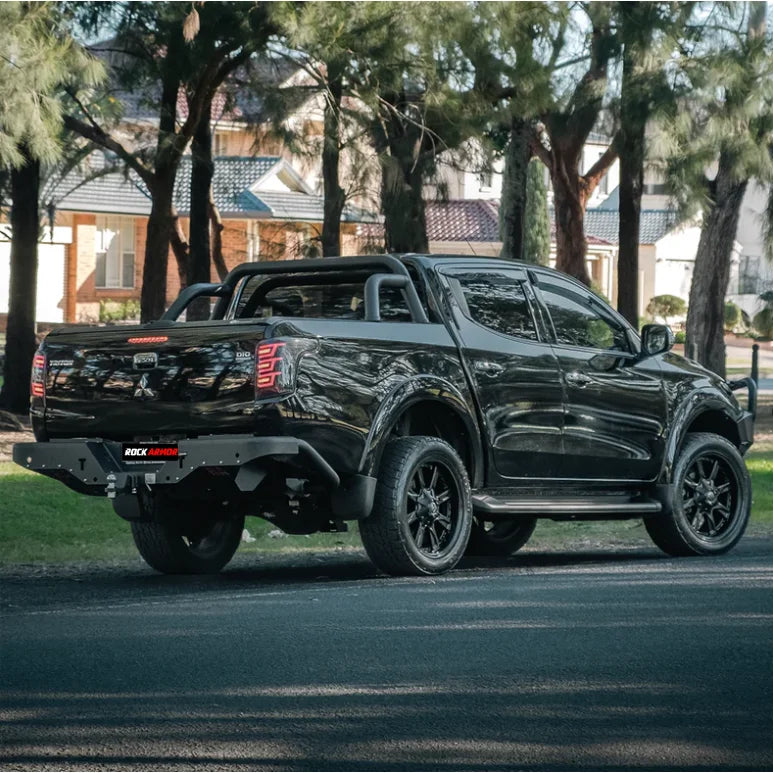 Load image into Gallery viewer, Black pickup truck with roll bar showing the rear step tow bar for Mitsubishi Triton MQ
