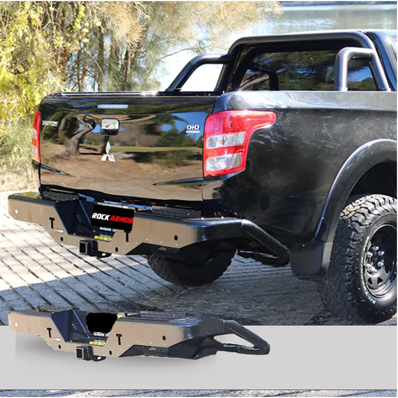 Load image into Gallery viewer, Black Mitsubishi Triton MQ with aftermarket rear step tow bar for enhanced utility

