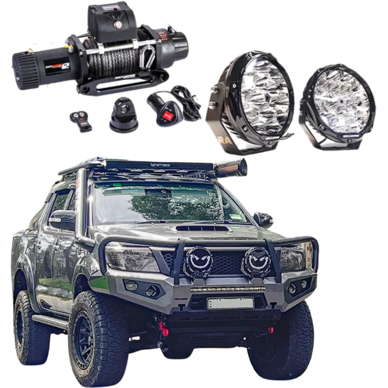 Load image into Gallery viewer, Off-road vehicle accessories including bull bar with driving lights and synthetic winch rope for Toyota Hilux N70
