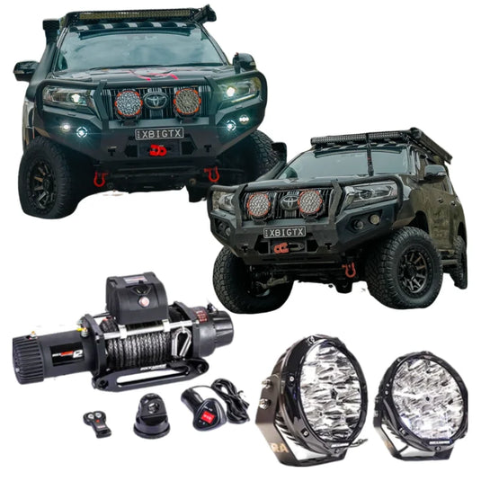 Off-road vehicle accessories including hoop bullbar, driving lights, and synthetic winch rope for Toyota Prado 150 2017+