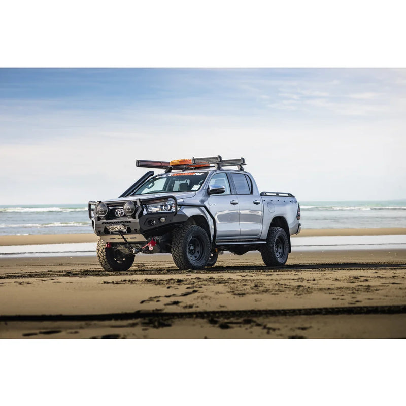 Load image into Gallery viewer, Silver off-road Toyota pickup truck with Rockarmor GT Hoop Steel Bullbar on Hilux N80
