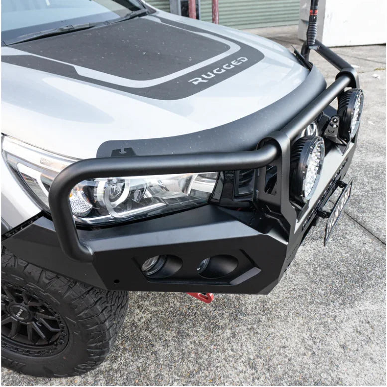 Load image into Gallery viewer, Silver truck with black bumper featuring Rockarmor GT Hoop steel bullbar on Toyota Hilux N80
