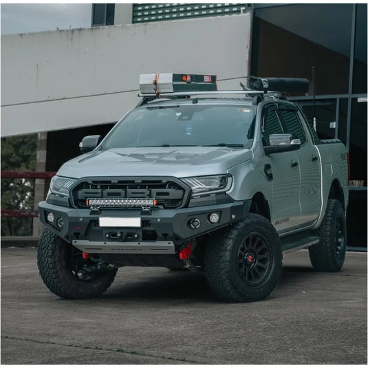 Silver Ford Ranger pickup truck with Rockarmor Gt Hoopless Bullbar for UA2 Ford Everest