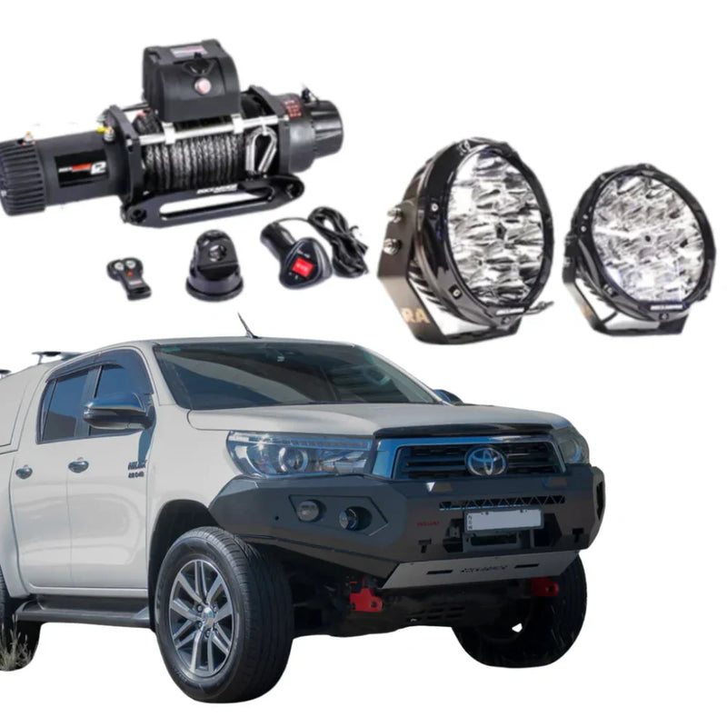 Load image into Gallery viewer, Rockarmor Gt Hoopless Steel Bullbar Combo - Toyota Hilux N80 Bullbar 2015 -2020 - Winch Bar Combo

