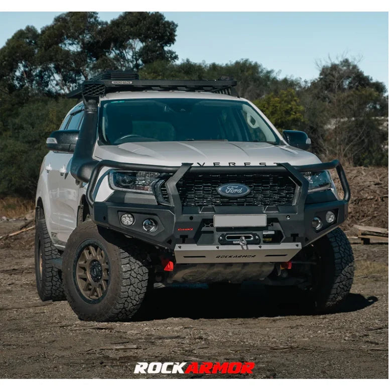Load image into Gallery viewer, White Ford Everest with steel hoop bull bar and driving lights for off-road protection
