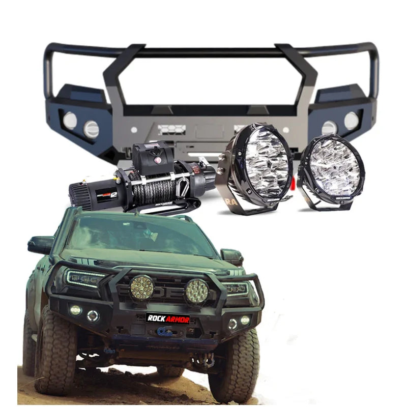 Load image into Gallery viewer, Off-road vehicle accessories featuring hoop bullbar, driving lights, and synthetic winch rope for Ford Ranger PX2 &amp; 3
