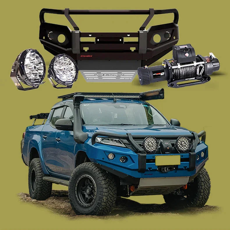 Load image into Gallery viewer, Blue off-road pickup truck with Rockarmor GT Steel Bull Bar and driving lights
