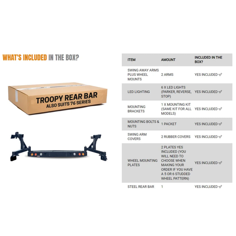 Load image into Gallery viewer, Troopy rear bar contents with bull bar and driving lights for Rockarmor GT Steel pack
