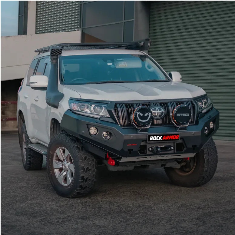 Load image into Gallery viewer, White SUV with aftermarket bull bar, driving lights, and Rockarmor GT Steel snorkel
