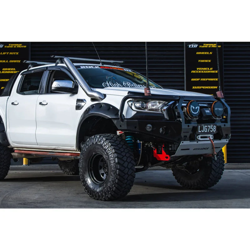 Load image into Gallery viewer, Modified white pickup truck with Rockarmor GT Steel Hoop Bullbar and driving lights
