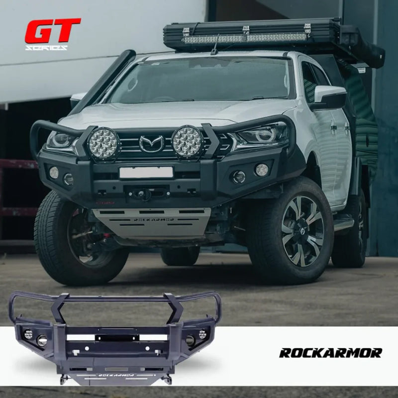 Load image into Gallery viewer, Off-road truck with Rockarmor GT Bull steel hoop bullbar and driving lights
