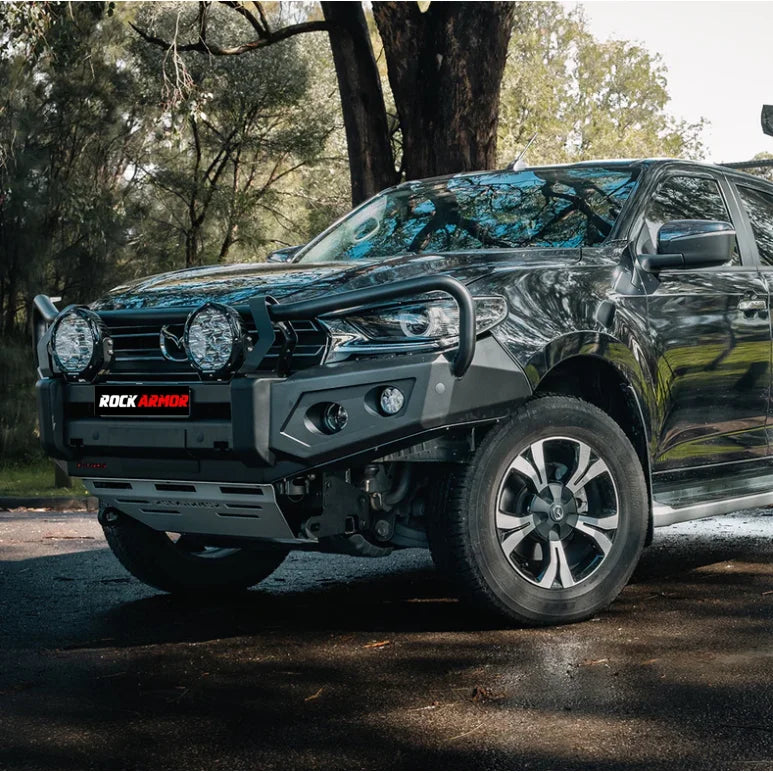 Load image into Gallery viewer, Black pickup truck with Rockarmor GT Bull steel hoop bullbar and driving lights
