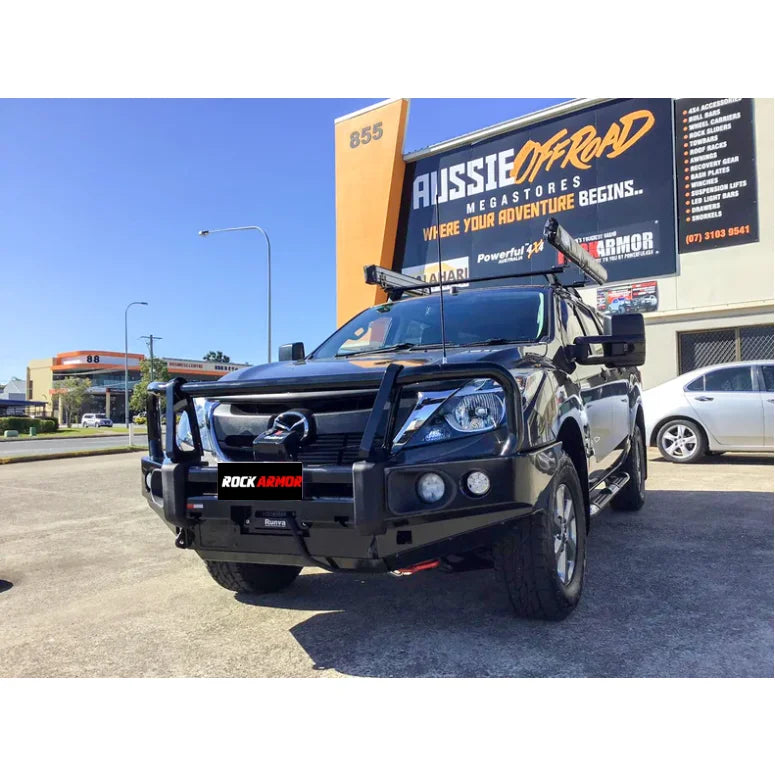 Load image into Gallery viewer, Black off-road truck with Rockarmor GT Bull bull bar and driving lights for Mazda Bt50
