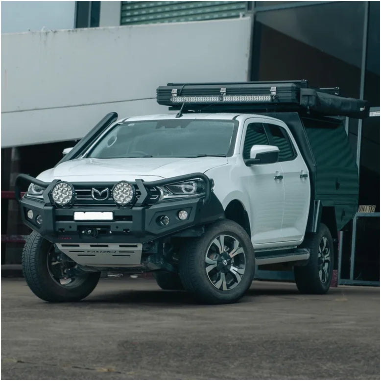 Load image into Gallery viewer, White Mazda pickup truck with off-road modifications featuring Rockarmor GT bull bar and driving lights
