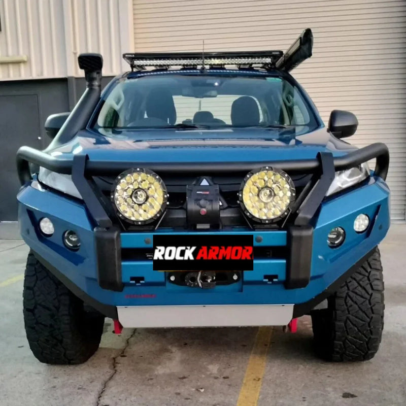 Load image into Gallery viewer, Blue off-road vehicle with Rockarmor GT Steel Bull Bar and steel hoop bullbar for Mitsubishi MR Triton
