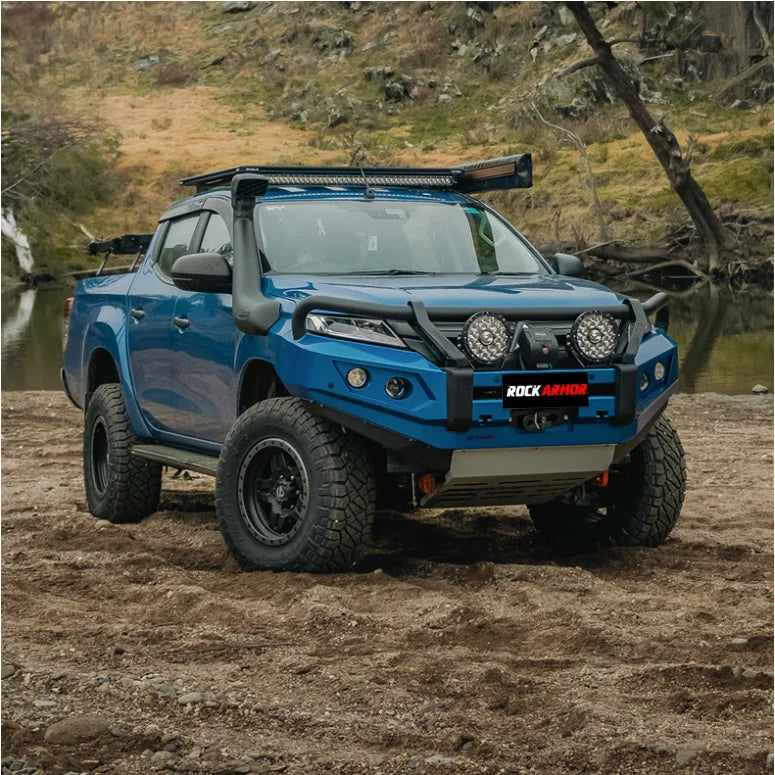 Load image into Gallery viewer, Blue off-road pickup truck with Rockarmor GT Steel Hoop Bullbar for Mitsubishi MR Triton

