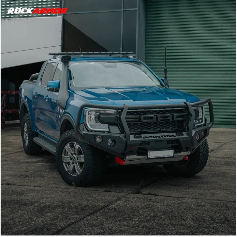 Load image into Gallery viewer, Blue Ford Ranger pickup truck with Rockarmor GT Bull aftermarket bull bar and driving lights
