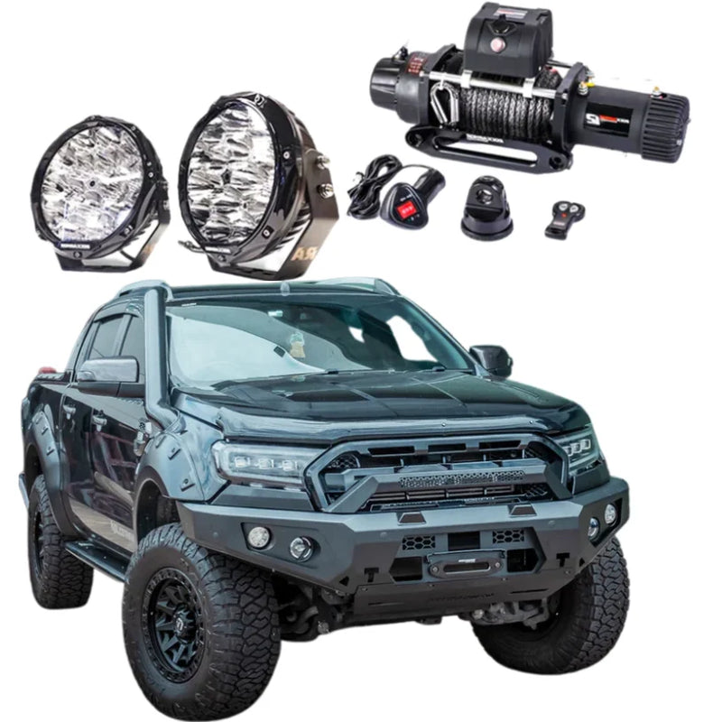 Load image into Gallery viewer, Black pickup truck with Rockarmor GT Steel bull bar and off-road driving lights
