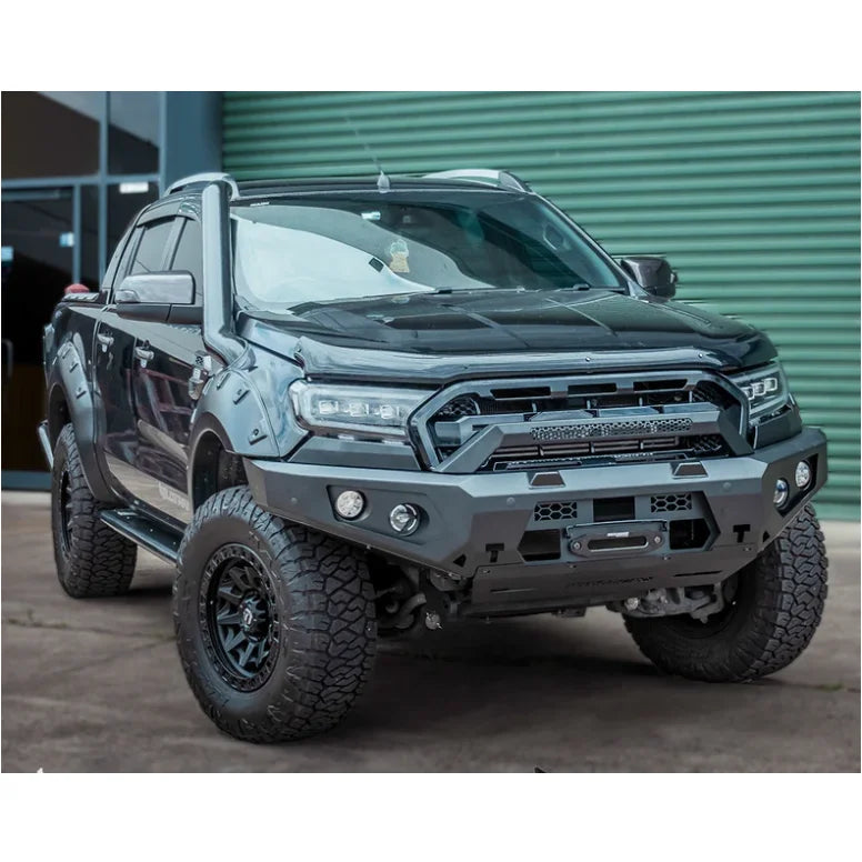 Load image into Gallery viewer, Black modified pickup truck with Rockarmor GT Steel bull bar and driving lights
