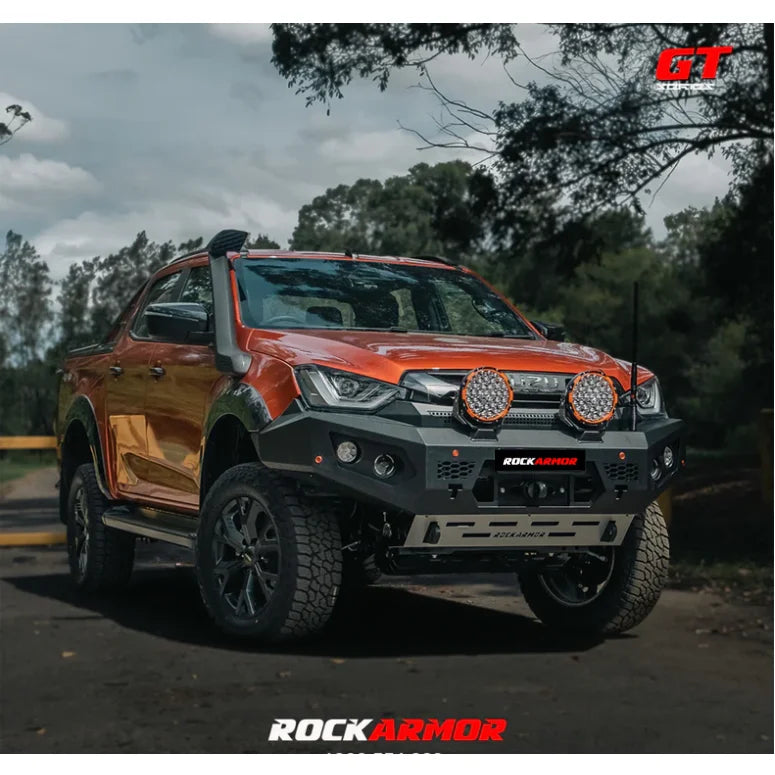 Load image into Gallery viewer, Orange pickup truck with rockarmor gt steel bull bar and driving lights installed
